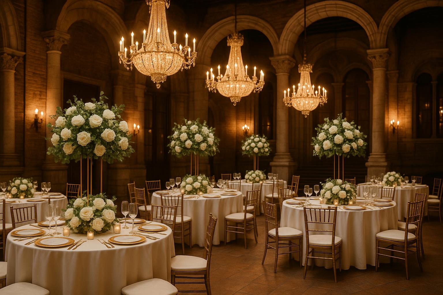 Beautifully set table for a wedding reception.